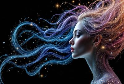 The primary subject of the image is a woman with long, flowing hair. She is surrounded by a purple and blue color scheme, which gives the image a vibrant and lively atmosphere. The setting appears to be a dark, starry night, with the woman's hair blowing in the wind. The visual style of the image is a combination of digital art and illustration, creating a unique and captivating scene.